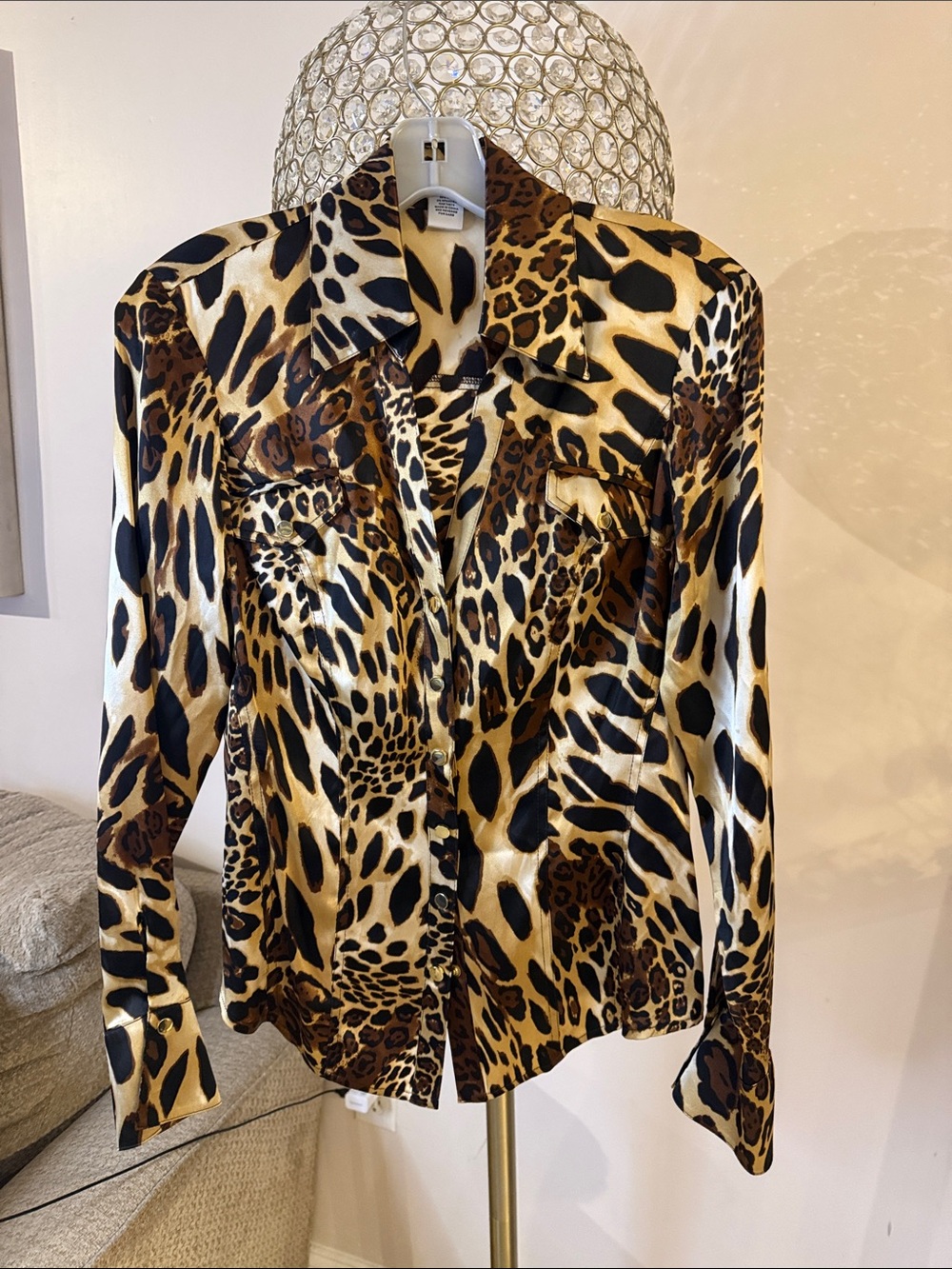 Cache Animal Print Silk Button-Up Shirt - Brown, Black, Cream size S